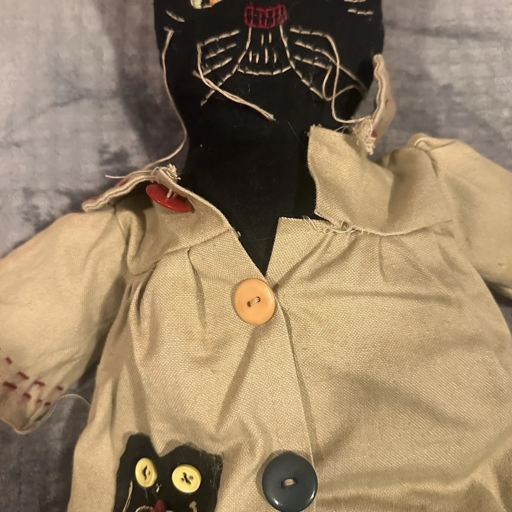 Pair of Y2K Folk Art Black Cat Cloth Dolls | Primitive Farmhouse Handmade Style